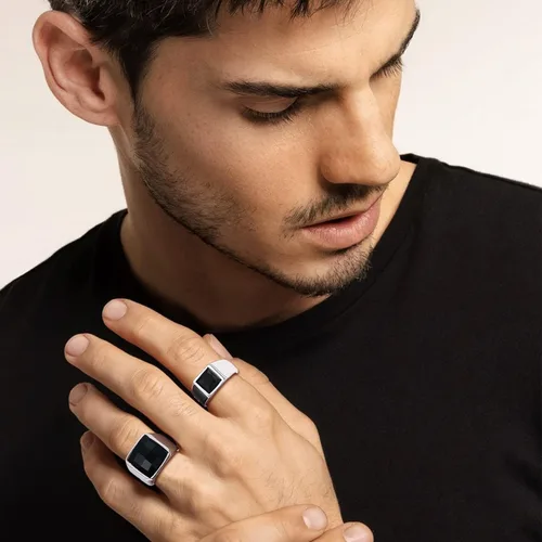 Vista 6 de U7 Anillo de joyería de moda de ónix negroazul para hombres y mujeres, anillos de sello cuadrado de acero inoxidable para papá y padre, anillos