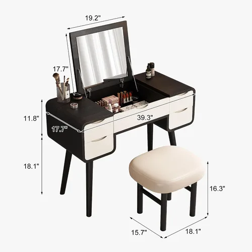 Vista 7 de Lartis Mesa de tocador con tapa abatible, elegante tocador de maquillaje con taburete, escritorio de maquillaje, espejo de maquillaje reversible