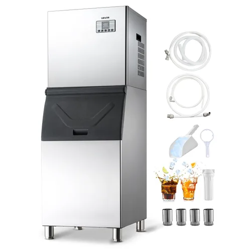 Vista 10 de VEVOR - Máquina comercial para hacer hielo, 136 kg/24 horas, con recipiente de almacenamiento de acero inoxidable de 136 kg, máquina para hacer