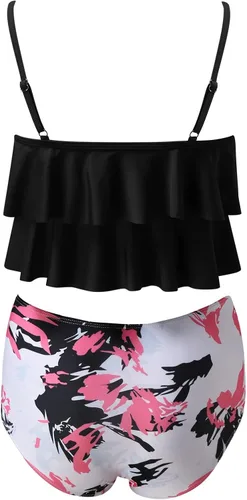 Vista 2 de Top tankini con volantes para mujer con pantalones cortos deportivos para niño, trajes de baño con capas fluidas, trajes de baño escalonados