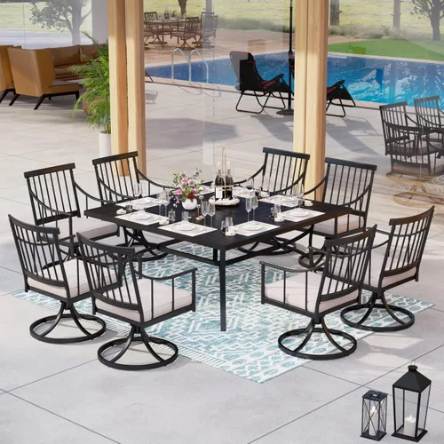 Vista 23 de MFSTUDIO Juego de comedor de 5 piezas de metal para patio, juego de muebles para exteriores con 1 mesa cuadrada de madera y 6 sillas de respaldo