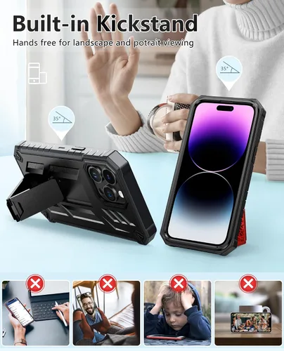 Vista 3 de para Funda iPhone 14 Pro Max: Cubierta de teléfono celular resistente de grado militar con patada y funda Protección contra golpes de TPU