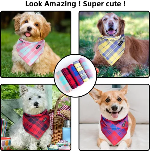 Vista 6 de Bandana de primavera para perro, bufanda grande para perro, color naranja, verde, estampado a cuadros, ajustable, accesorios para perros pequeños