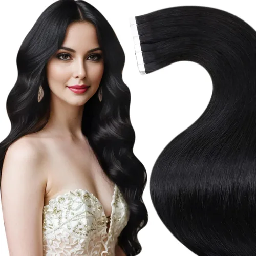 Vista 45 de LaaVoo Extensiones adhesivas de cabello humano real, color negro azabache, extensiones de cabello humano liso y sedoso, 10 pulgadas, 20