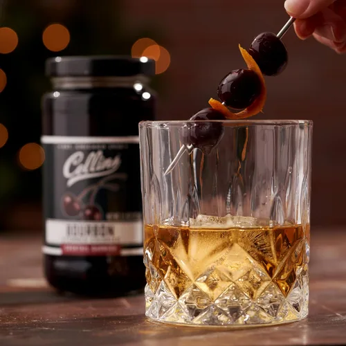 Vista 7 de Collins Bourbon Cocktail Cherries - Aderezo para bebidas para cócteles Manhattan o Old Fashioned y postres, hecho con whisky galardonado, frasco