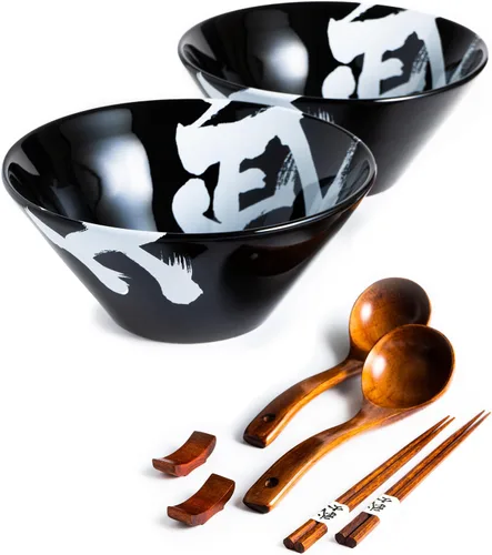 Vista 12 de BICETTO Juego de cuencos japoneses para ramen con gran diseño de ola, cuencos de cerámica grandes de 60 onzas, cucharas, palillos para ramen, Pho