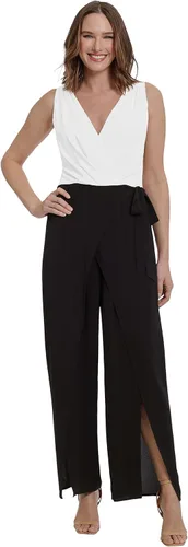 Vista 8 de London Times Women's London Times Women's Dresses Sleeveless Wrap Look Jumpsuit With Front Leg Slit Openings Negro/Blanco