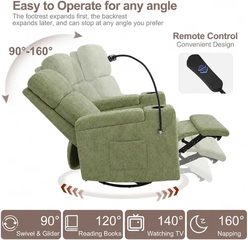 Vista 5 de ABCASA Power Recliner Rocking Chair Nursery, Swivel Glider, Green Chenille-green