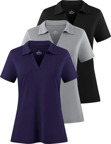 Vista 9 de Camisas polo con cuello en V para mujer, manga corta, cuello de golf Negro/Blanco/Gris