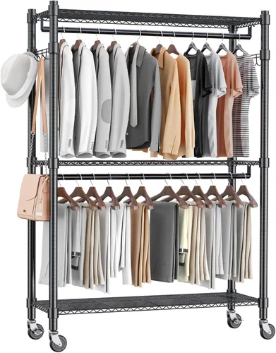 Vista 10 de Homdox Estante para ropa resistente con 3 estantes ajustables de alambre, estantes para ropa para colgar, estante de ropa de doble barra, armario