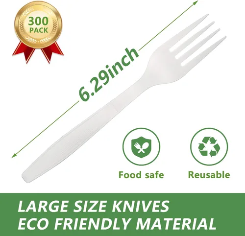 Vista 2 de Tenedores compostables, 300 tenedores desechables para fiestas, grandes tenedores biodegradables respetuosos con el medio ambiente, duraderos