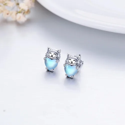 Vista 3 de Aretes de plata de ley 925 con diseño de gato, bonitos aretes de gato con diseño de gatito, joyería de regalo para mujeres y niñas, aretes