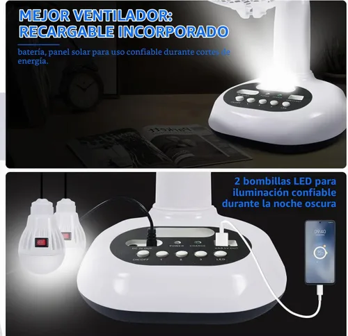 Vista 8 de Ventilador recargable VENTO con panel solar, puerto USB, luz LED nocturna y 2 bombillas gratis. Refrigeración ecológica