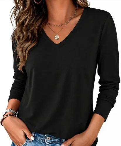 Vista 18 de Zeagoo Camisas de manga larga para mujer, cuello en V, casual, básica Rosa