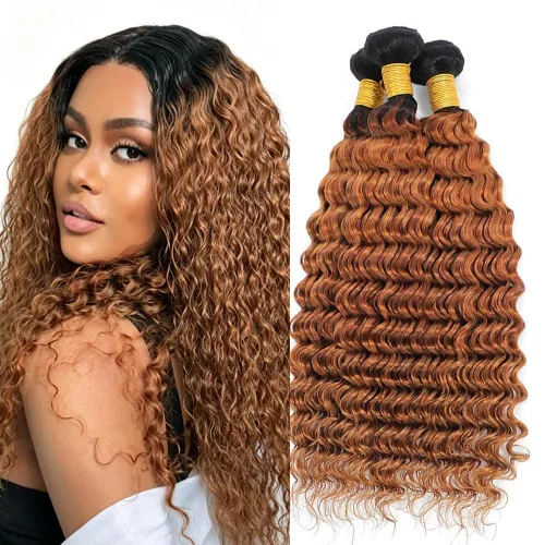 Vista 170 de P4613 Cabello humano rizado onda profunda marrón y paquetes mixtos 8 10 12 P4613 Ombre Marrón-Rubio-DP