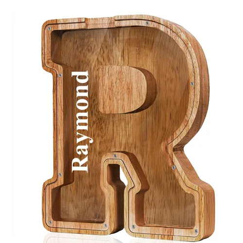 Vista 32 de Alcancía de madera grande personalizada con letras – Alcancía de letras para niños y niñas, regalo de cumpleaños (A)
