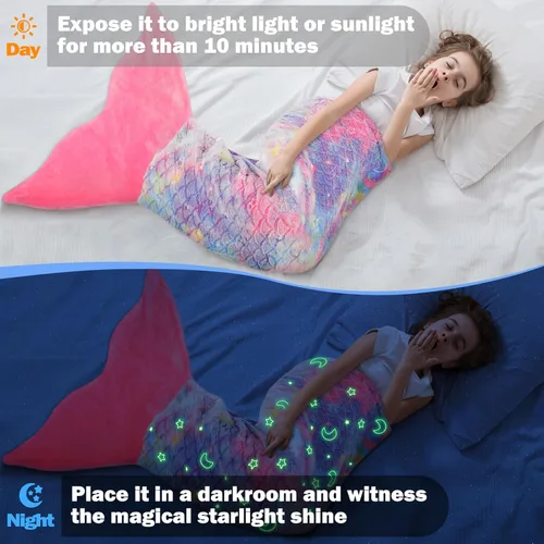 Vista 2 de Catalonia Manta de cola de sirena para niñas, saco de dormir de sirena que brilla en la oscuridad para niños de 3 a 14 años, regalo de sirena