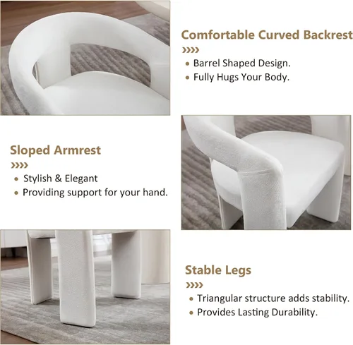 Vista 4 de Modern Boucle - Juego de 2 sillas de comedor tapizadas con diseño de barril con brazo, cómodas sillas laterales para cocina, comedor, recepción