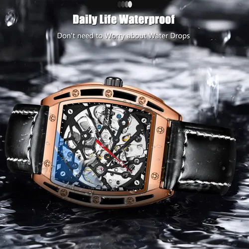 Vista 5 de RORIOS Reloj de esqueleto automático para hombre, reloj mecánico automático con correa de cuero, reloj luminoso Tonneau reloj de viento automático
