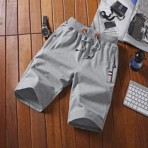 Vista 2 de Pantalones cortos casuales de verano de algodón de ajuste clásico con cintura elástica y bolsillos con cremallera