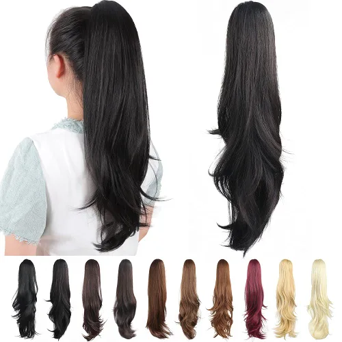 Vista 77 de Extensiones de cola de caballo, extensiones de cabello de cola de caballo con clip de garra marrón oscuro para mujer, pieza de cabello rizado