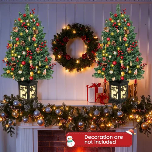Vista 3 de 2 piezas árbol de Navidad de 3 pies con luces, pequeño árbol de Navidad artificial de PVC preiluminado de Navidad con 78 luces LED cálidas, bayas 3