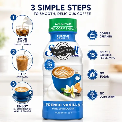 Vista 6 de Crema de café de vainilla francesa, botella de 8 onzas, sin azúcar, sin jarabe de maíz, crema líquida saborizada para café caliente o helado