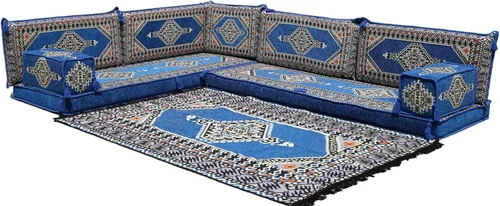 Vista 140 de arabicsofa Juego de asientos Jalsa en forma de L – Majlis árabe hecho a mano con almohadas de respaldo