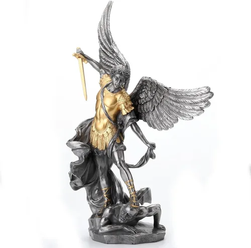 Vista 2 de Veronese Design 14 5/8 pulgadas Saint Michael pisotea la escultura de resina de demonio fundido en frío estatua de acabado de peltre
