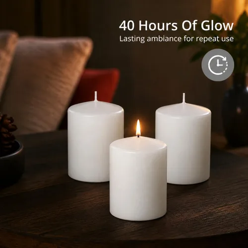 Vista 4 de Yummi - Velas redondas de pilar blancas de 3 pulgadas x 4 pulgadas, 3 por paquete