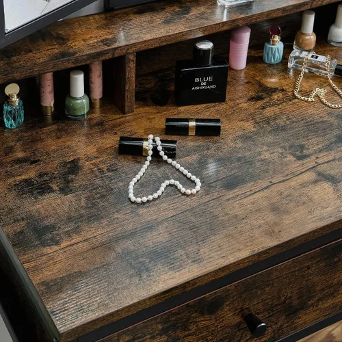 Vista 6 de Juego de mesa de tocador con taburete tapizado, escritorio con 2 cajones, maquillaje