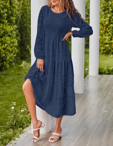 Vista 3 de MEROKEETY Vestido fruncido de manga larga para mujer 2023 con cuello redondo y textura floral, vestidos midi escalonados