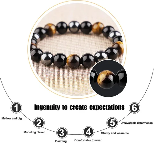 Vista 4 de HOZEAL Pulsera de triple protección, brazalete de obsidiana negra con ojo de tigre y hematita para hombres y mujeres, para traer suerte