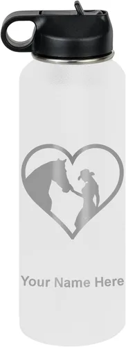 Vista 55 de LaserGram Botella de agua personalizada, corazón de vaquera de caballo, acero inoxidable de doble pared aislada al vacío con popote superior, regalo