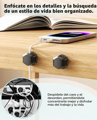 Vista 5 de 6 Pack de clips magnéticos para cables [Cable liso ajustable] Organizador de cables - Cuworlis soporte adhesivo para cables, soporte para cables