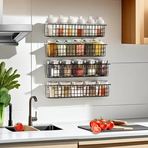 Vista 5 de Organizador de especias para montaje en pared, paquete de 2 cestas de almacenamiento de alambre negro para pared o puerta de gabinete en cocina