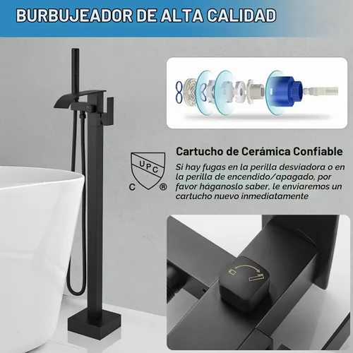 Vista 4 de RUMOSE Grifo Llenador de Bañera Independiente Grifo de Bañera Negro Mate Montaje en Piso Grifo de Bañera Cascada Independiente Llenador de Bañera