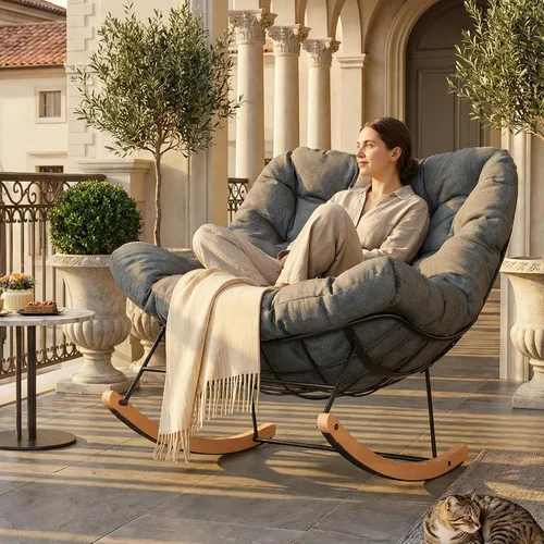 Vista 10 de FLEXISPOT Mecedora de gran tamaño para exteriores con asiento acolchado grueso, color beige