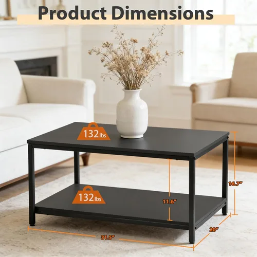 Vista 3 de SUPER DEAL - Mesa de café industrial de 2 niveles con estante de almacenamiento para apartamento pequeño, sala de estar, mesa auxiliar rectangular