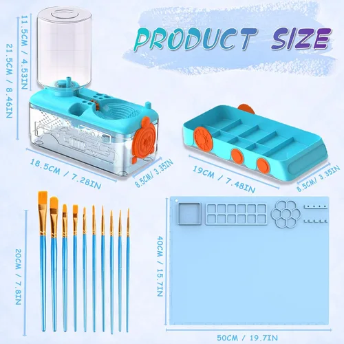 Vista 2 de Kit de limpieza de pinceles para niños con 5 pinceles, bata de arte, tapete lavable, guía, tarro limpiador de pinceles en espiral para acuarela