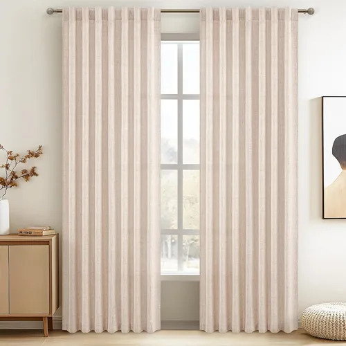Vista 32 de Cortinas translúcidas de lino beige blanco de 84 pulgadas de largo, 2 paneles, cortinas modernas con filtrado de luz y privacidad, riel de techo