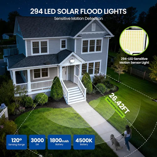 Vista 2 de Luces solares de inundación al aire libre, 294 luces LED con sensor de movimiento al aire libre, luz solar impermeable IP67 para exteriores, luces