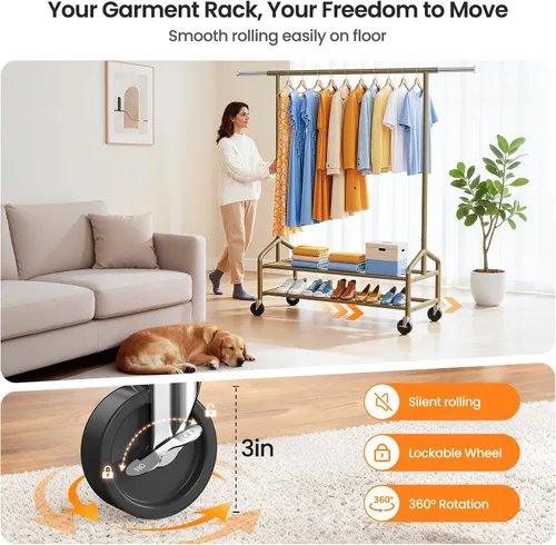 Vista 7 de Heavy Duty Clothes Rack, Rolling Clothing Rack Load 650 LBS for Hanging Clothes with 2 Sturdy Shelves, Metal Garment Rack with Wheels for Bedroom