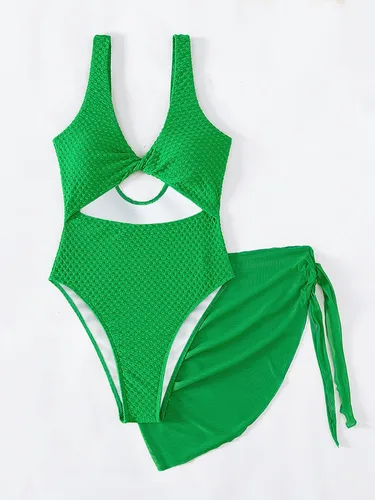 Vista 3 de MakeMeChic Traje de baño de 2 piezas para mujer, con corte frontal torcido, traje de baño de una pieza con falda para cubrir