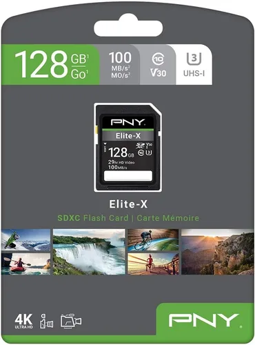 Vista 9 de PNY Tarjeta de memoria flash Elite-X Class 10 U3 V30 SDXC de 128 GB, 100 MB/s, clase 10, U3, V30, 4K UHD, Full HD, UHS-I, SD de tamaño completo