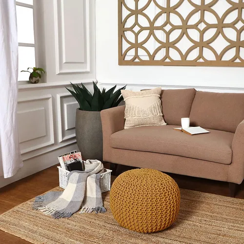 Vista 6 de REDEARTH · Puf otomano redondo - Tejido a mano con cable estilo bohemio, reposapiés circular para decoración del hogar, para sala de estar - Mostaza