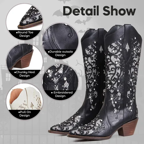 Vista 5 de SaraIris Botas vaqueras para mujer, botas vaqueras, botas occidentales, tacón grueso, punta puntiaguda, con diamantes de imitación bordados, botas