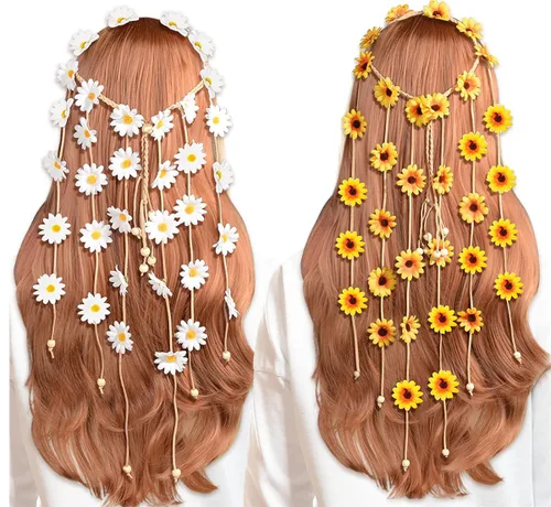 Vista 6 de 2 diademas bohemias de girasol, diademas de plumas bohemias, tocado indio, bandas de pelo de pavo real, diadema gitana, corona floral, girasoles