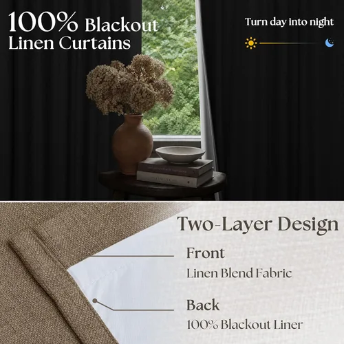 Vista 159 de Juego de 2 paneles de cortinas plisadas negras de 80 pulgadas para sala de estar, cortinas plisadas de lino con forro de 80 pulgadas de largo, 100%