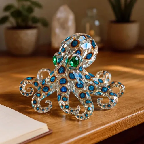 Vista 3 de Figura de pulpo con anillos azules, adornos curativos para el hogar, adorno de pulpo de cristal hecho a mano, adornos decorativos de resina